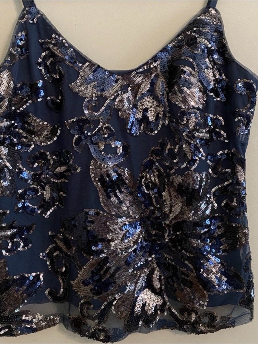 White House Black Market Navy & Silver Sequin Floral Cami